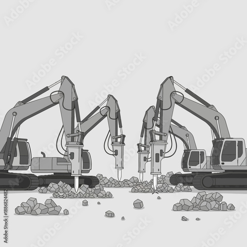 Powerful Hydraulic Breaker Excavators Engaged In Heavy Construction And Demolition Work