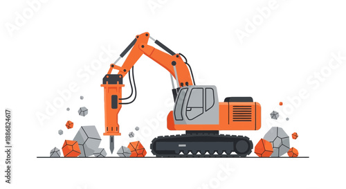 Powerful Hydraulic Excavator Breaking Up Rocks On A Construction Site Vector Illustration