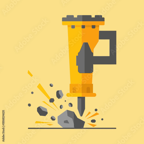 Powerful Jackhammer Breaking Rock On Construction Site Demolition Work Flat Illustration Vector