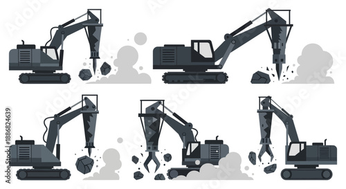 Powerful Hydraulic Excavator Machines Breaking Rocks On Construction Sites