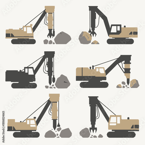 Powerful Hydraulic Excavators And Rock Breakers Engaging In Demolition Work Set