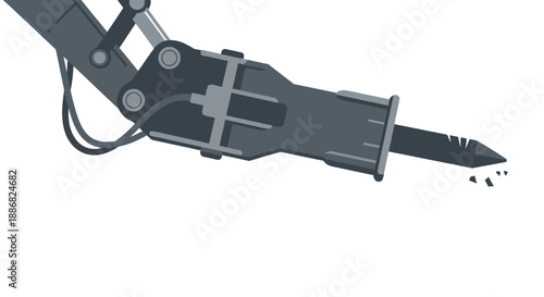 Powerful Hydraulic Hammer Breaking Concrete Ground Flat Vector Illustration Modern