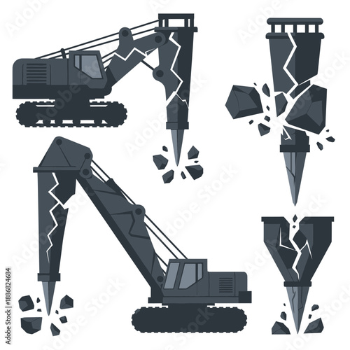 Powerful Hydraulic Hammer Breakers Demolishing Rocks And Concrete On Construction Site