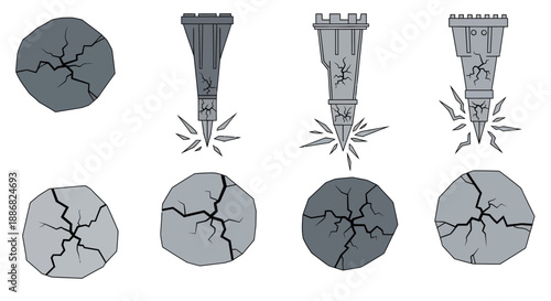 Powerful Jackhammer Impacting Cracked Rock Illustrations Vector Design Elements
