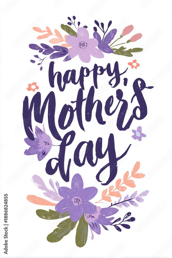 Fototapeta premium Mothers Day, Valentines Day, love holiday theme. A vibrant floral arrangement with purple, pink, and green flowers against a white background.