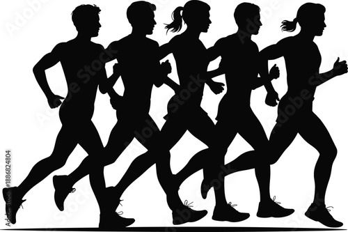 Running silhouettes, five athletes, motion pose, fitness activity, race concept, black figures, sport design, health theme, vector illustration, teamwork