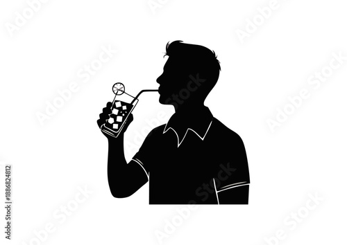 Stylish monochrome illustration of a individual sipping a cool beverage through a straw, showcasing refreshment and leisure