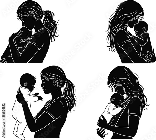 Mother and baby silhouette collection showing loving maternal bonding moments, motherhood and parenthood concept illustration isolated on white background for family love design