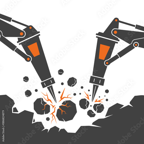 Powerful Industrial Breakers Crushing Rocks With Forceful Impact Demolition Scene