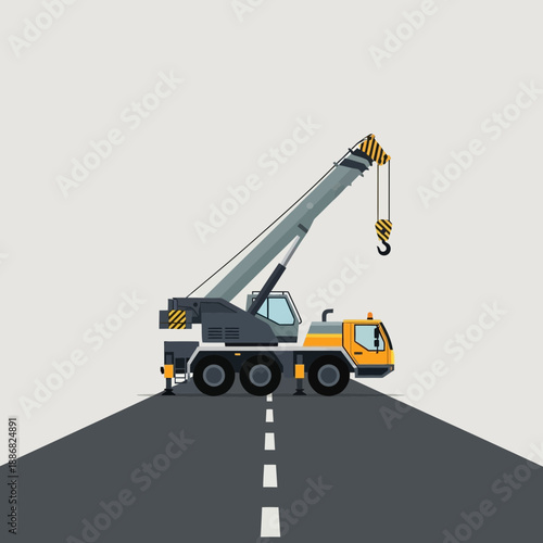 Powerful Mobile Crane Truck Driving On Paved Road Ready For Heavy Construction Work
