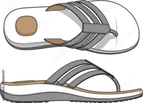 Orthopedic comfort sandal illustration with adjustable straps, cushioned sole and ergonomic footbed, casual footwear design isolated on white background for fashion, health, and lifestyle use