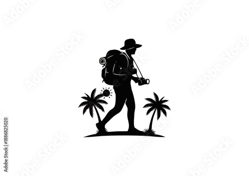Silhouette of a hiker with a camera walking past palm trees on a tropical island, suggesting a travel and adventure theme