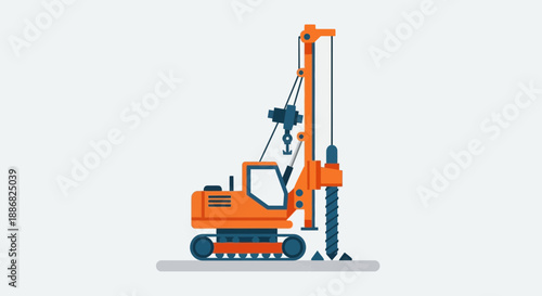 Powerful Orange And Blue Pile Driver Engaged In Deep Foundation Drilling