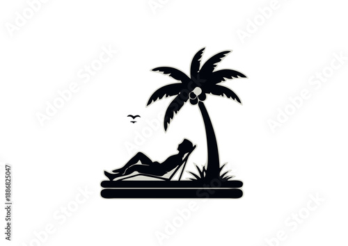 Silhouette of a person relaxing on a lounge chair under a palm tree on a white background, symbolizing vacation and relaxation