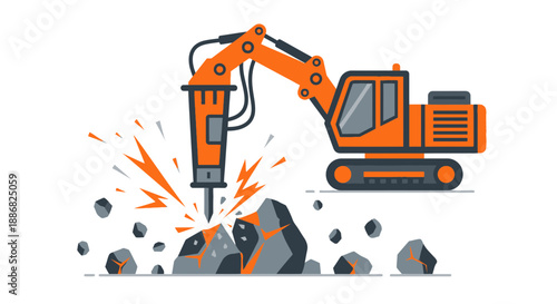 Powerful Orange Excavator Crushing Rocks With Hydraulic Hammer On Construction Site