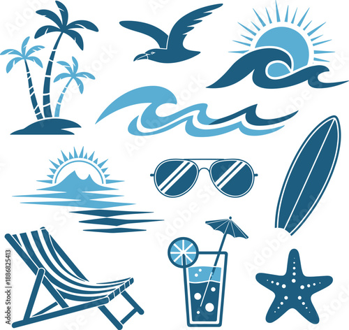 Tropical beach icons, summer vacation elements, palm tree island, surfboard, sunglasses, sunset wave, travel symbols, fun holiday vector pack