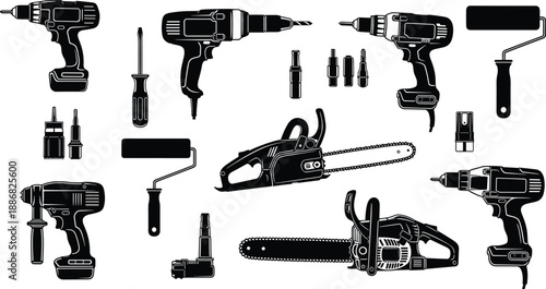 Power tools silhouettes set with drills, chainsaws and paint rollers, black hardware equipment collection, construction and repair tools vector illustration isolated