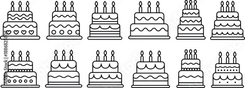 Delicious birthday cakes with candles and decorations