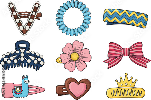 Cute hair accessories vector set with bows, clips, scrunchies, hairpins and decorative ornaments isolated on white background for beauty and fashion design