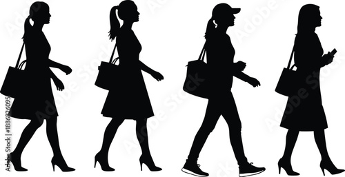 Collection of professional female silhouettes wearing dresses and casual outfits walking with shoulder bags and using mobile phone isolated on white background vector