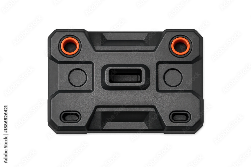 Fototapeta premium Rugged black device with orange accents and central port, isolated on black background