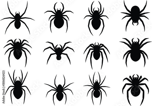 Spider silhouette icon set featuring multiple arachnid shapes and poses, spooky insect collection isolated on white background for Halloween horror and nature design use