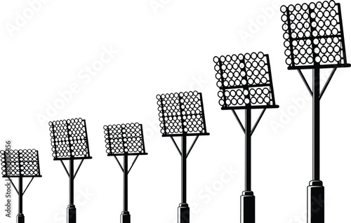 Stadium floodlight towers progression vector illustration, modern sports arena lighting concept, outdoor field illumination system silhouette design