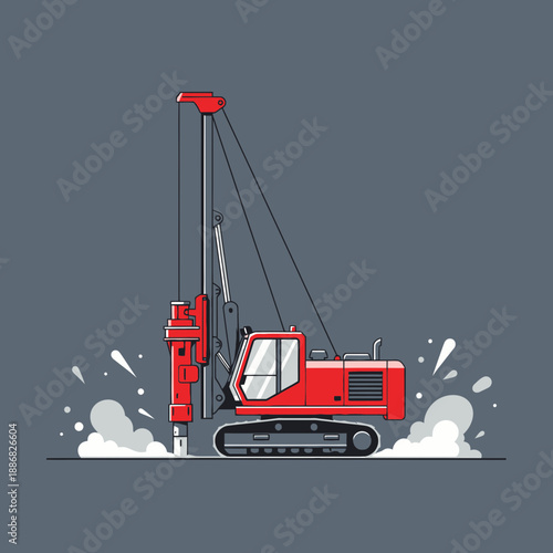 Powerful Red Pile Driver Operating On Construction Site Building Foundation Illustration Artwork
