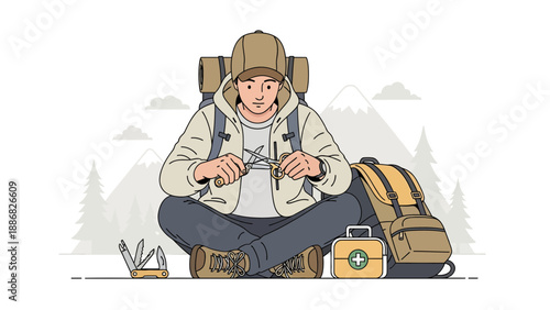 Prepared Hiker Tends To Gear In Mountainous Landscape For His Expedition