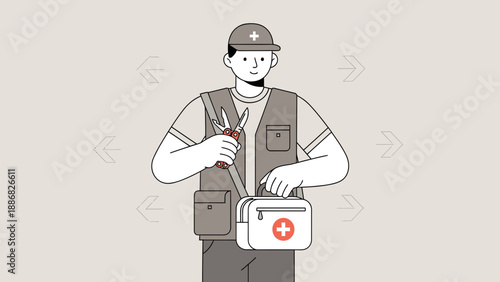 Prepared Healthcare Responder With First Aid Kit And Medical Instruments Illustration