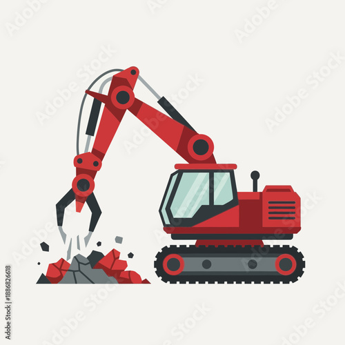 Powerful Red Excavator With Grapple Breaking Debris Flat Illustration Construction