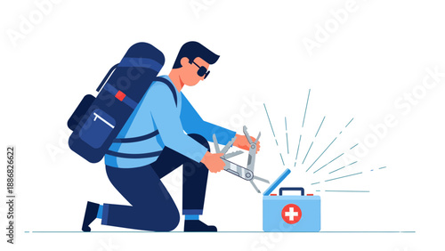 Prepared Outdoorsman Accessing First Aid Kit with Multi-Tool for Safety Measures