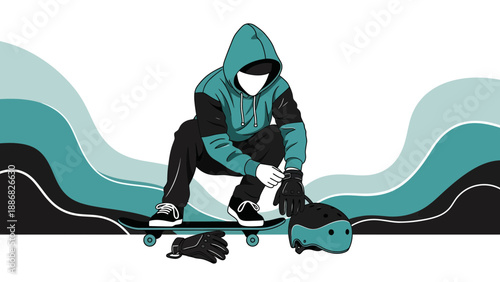 Prepared Skateboarder Ready For Adventure Wearing Protective Equipment On Creative Backdrop