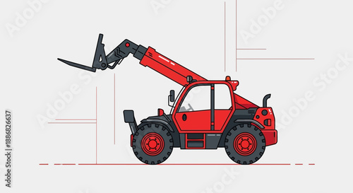 Powerful Red Telehandler Heavy Lifting Equipment In Modern Outline Art Style Vector