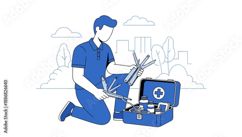 Preparedness Concept Man With Multi Tool First Aid Kit Essential Supplies