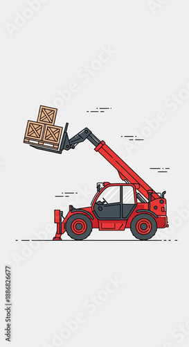 Powerful Red Telehandler Vehicle Transporting Stacked Wooden Boxes Industrial Equipment