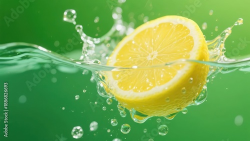 A fresh lemon slice plunges into clear water, creating lively splashes and bubbles, showcasing the vibrant texture and refreshing vitality of the fruit against a fresh green background.