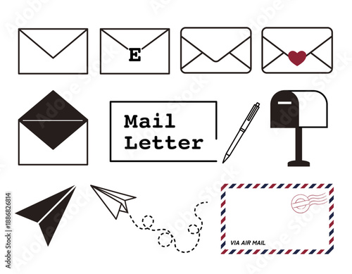 メールと手紙のミニマルなアイコンセット。封筒やポスト、紙飛行機など通信を象徴するベクター素材