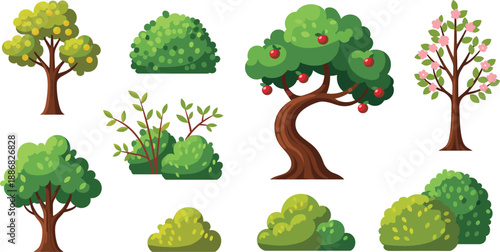 Cartoon garden trees and bushes vector set with apple tree, flowering plants and green shrubs isolated on white background for landscape and nature design