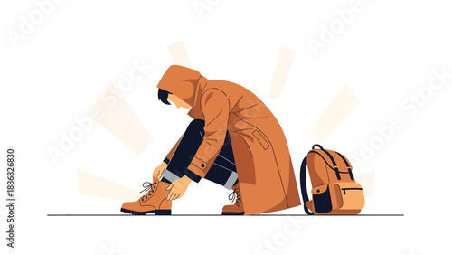 Preparing For An Adventure Brown Tone Person Wearing A Warm Outfit Tying Shoes