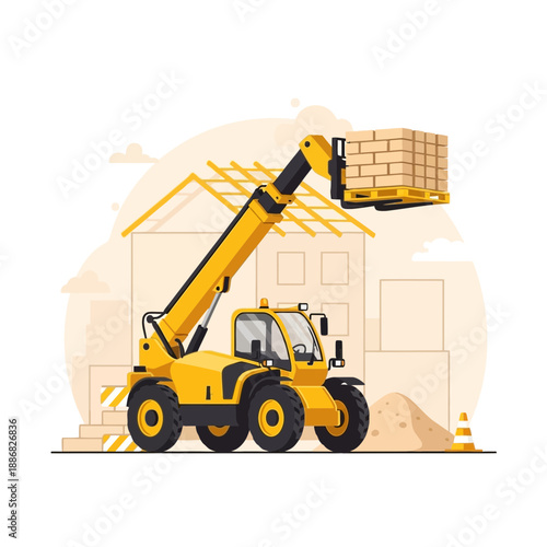 Powerful Telehandler Operating At A Building Site With Stacked Bricks