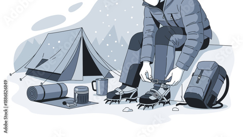 Preparing For An Ice Hike In The Mountains By Attaching Crampons To Shoes