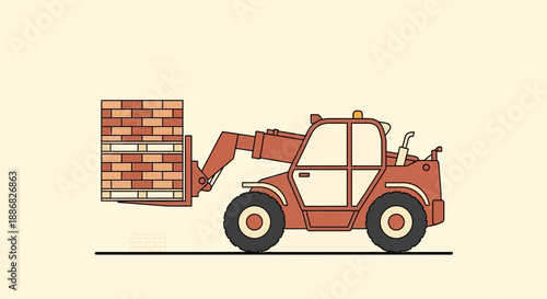 Powerful Telehandler Operating On Site Moving Pallets Of Bricks Efficiently
