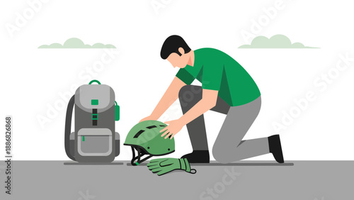 Preparing For Bike Ride Illustration With Backpack Helmet And Gloves