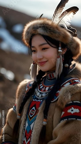 Young beautiful Eskimo woman in traditional fur costume standing outdoors on snowy winter landscape, Arctic heritage portrait, indigenous culture, cold season fashion, serene northern lifestyle