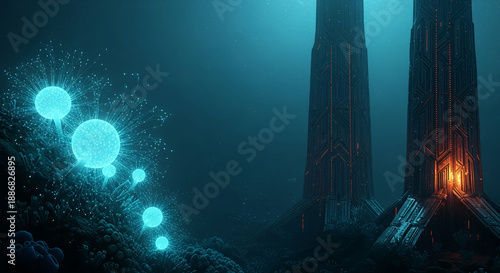 Underwater scene with glowing orbs and tall, dark structure, creating a sense of mystery and potential exploration, perfect for fantasy or science concepts