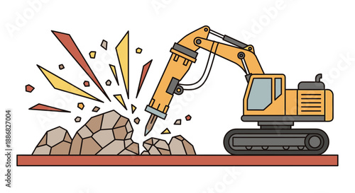 Powerful Tracked Excavator Operating Hydraulic Hammer Demolition Of Rocks Illustration