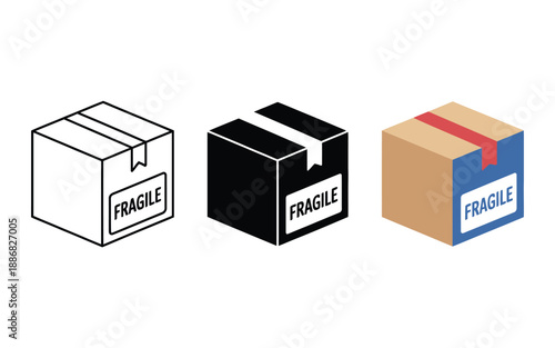 Three different styles of a fragile shipping box icon are shown in a row.