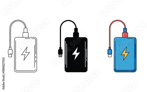 A power bank with a charging cable is shown in three different illustrative styles.