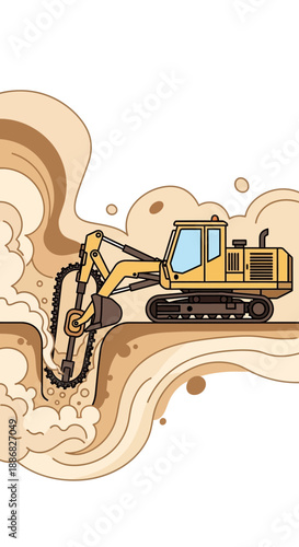 Powerful Trencher Machine Actively Excavating Earth For Underground Project